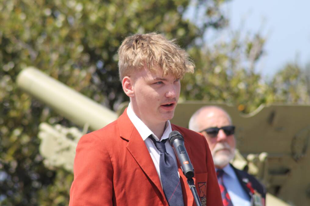  Lumen Christi Catholic College's 2023 school captain Ben Cole Gammell makes a speech at the Remembrance Day ceremony in Merimbula on November 11, 2023. Picture by Amandine Ahrens 