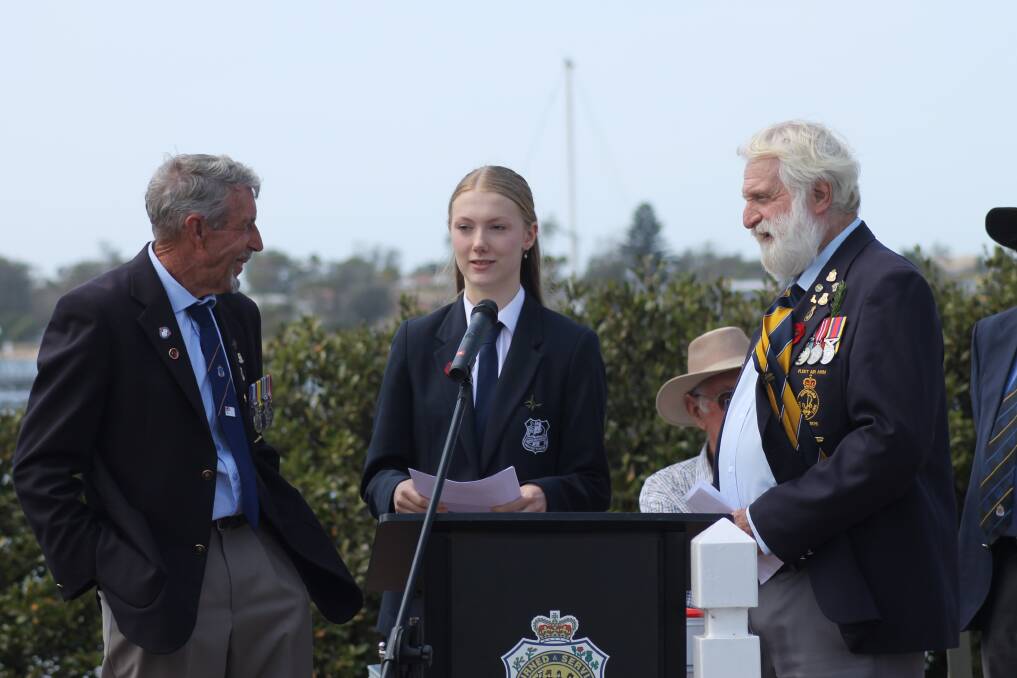 Phil Hall, Maeve Donaldson and Allan Browning at the Remembrance Day ceremony in Merimbula on November 11, 2023. Picture by Amandine Ahrens 