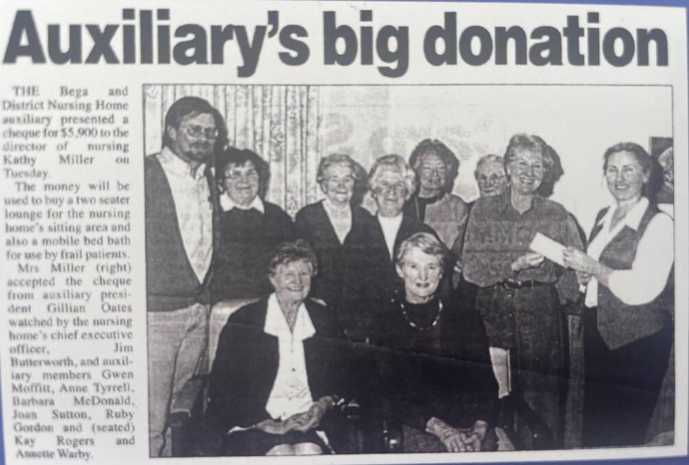 An excerpt from the Bega District News about a large donation from the Bega District Nursing Home Auxiliary to the director of nursing at the time - Kathy Miller. 