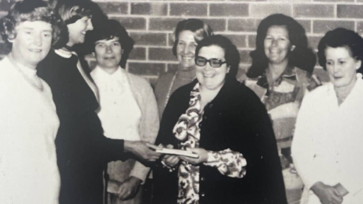 Bega and District Nursing Home Auxiliary members Annette Warby, Kay Rogers, Edna Duncanson, Gillian Oates, Gwen Moffit, Lesley Wood, and Judith Highland circa 1975. The auxiliary has managed to raise over $2.5 million for the community owned and operated nursing home since it was established in 1975. 