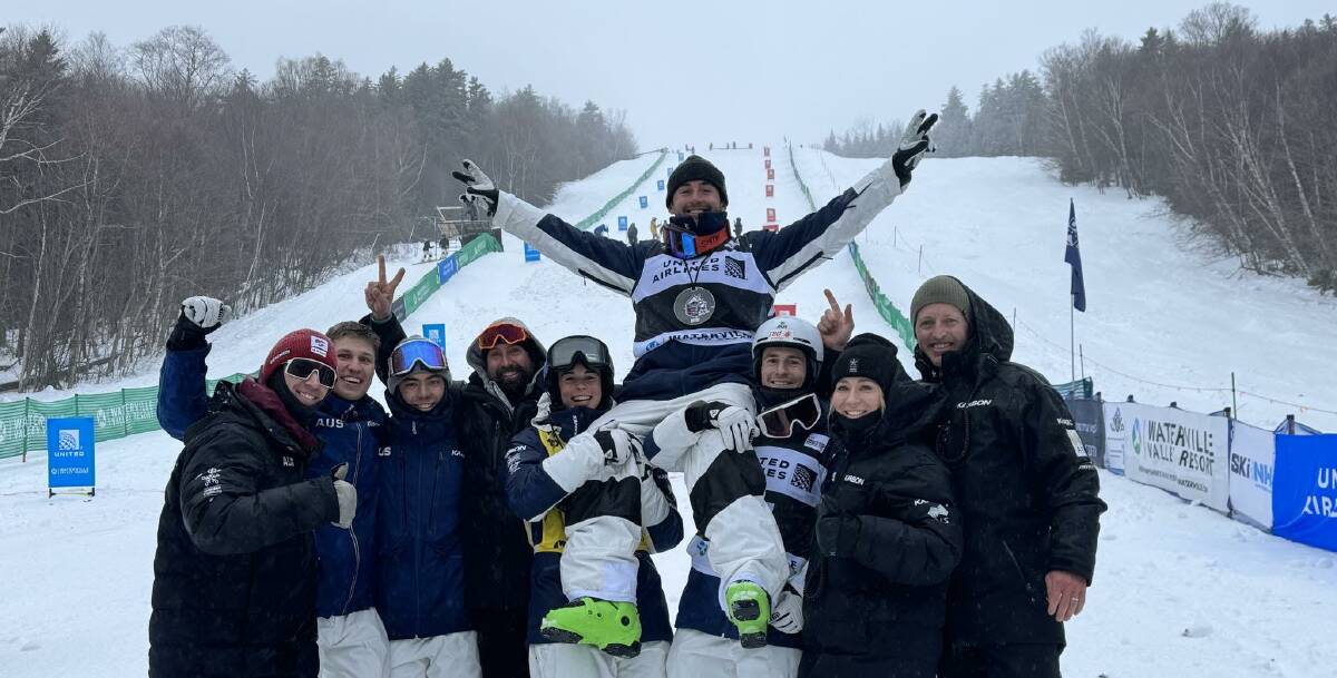 Cooper Woods raised on shoulders by his team after winning his first podium medal, silver at World Cup Moguls in Waterville Valley, USA. Picture supplied