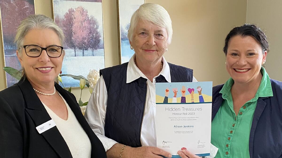 Alison Jenkins of Merimbula is congratulated on being named on the NSW Hidden Treasures Honour Roll by Imlay House facility manager Jo Trezise and chief operation officer Jo Deacon. Picture supplied