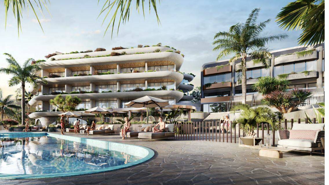 Artist's impression of the pool, hotel and townhouses planned for a Merimbula site. Picture supplied