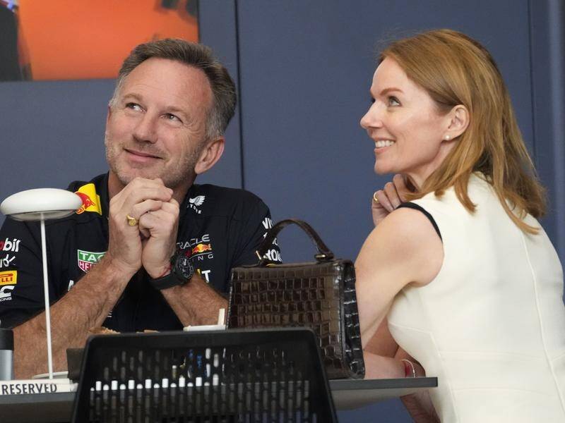 Red Bull team principal Christian Horner with wife Geri Halliwell before the Bahrain Grand Prix. (AP PHOTO)