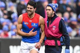 Christian Petracca suffered four broken ribs and a lacerated spleen against Collingwood. (James Ross/AAP PHOTOS)